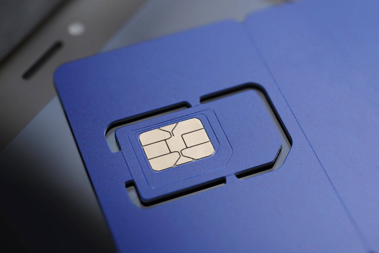 Full-size violet SIM card pre-cut mini, micro, nano sizes. Macro shot
